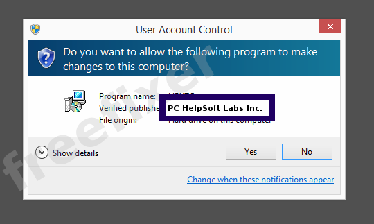 Screenshot where PC HelpSoft Labs Inc. appears as the verified publisher in the UAC dialog